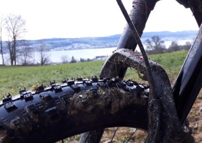 Verschmutztes Bikereifen Profil mit Federgabel