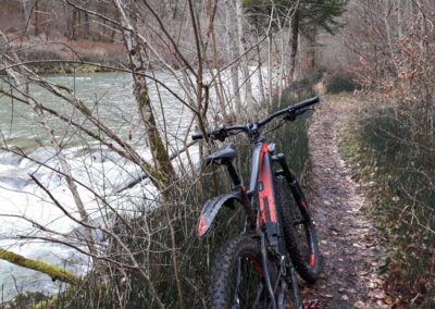 Bulls E Bike MTB Fully lehnt an Busch neben dem Fluss Töss